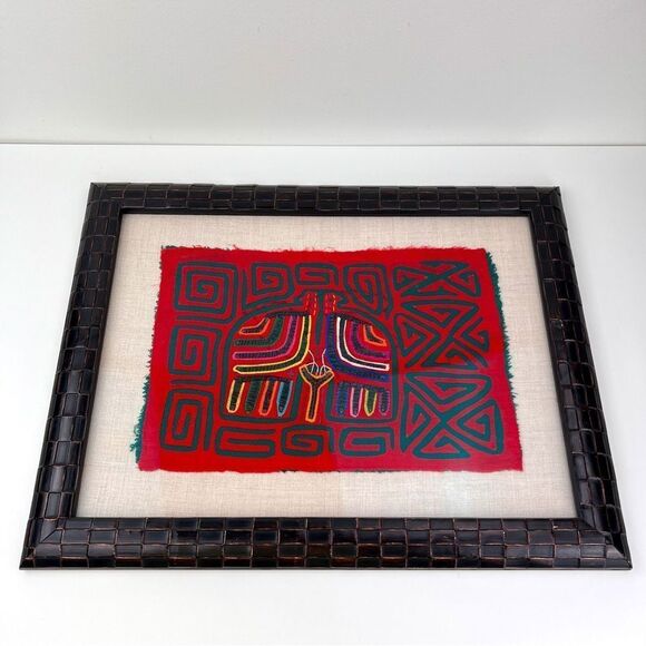 Vintage 1970s Panama Kuna Mola Indian Textile Tapestry Folk Art Two Birds Framed - Picture 2 of 11